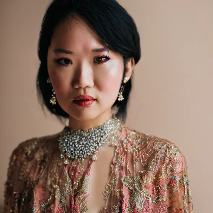 Image similar to portrait of Dinar Candy wearing Kebaya, by Charlotte Grimm, natural light, detailed face, CANON Eos C300, ƒ1.8, 35mm, 8K, medium-format print