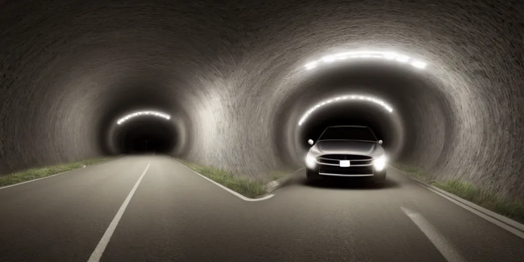 Image similar to a car driving through a tunnel at night, there's a girl standing on the car and two boys are driving the car, strobe light, realistic, 8 k