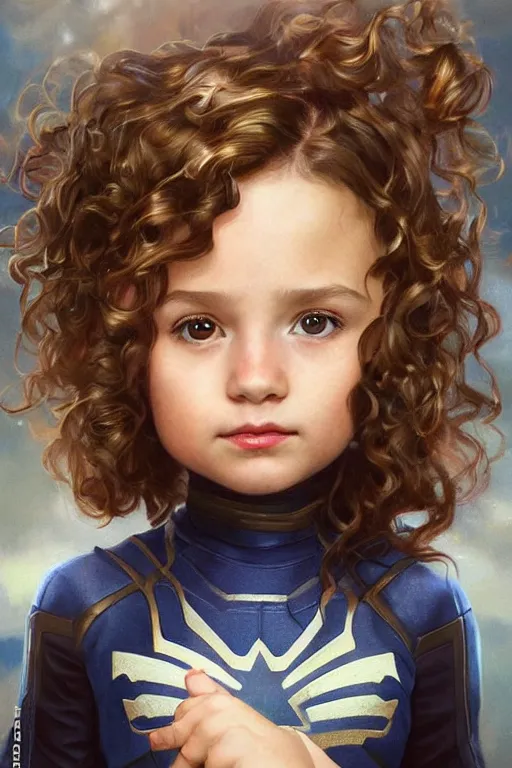 Prompt: a little girl with a michievous face and light brown curly wavy hair. she is dressed as captain america, spider - man, batman, captain marvel, a superhero. clean elegant painting, beautiful detailed face. by artgerm and greg rutkowski and alphonse mucha