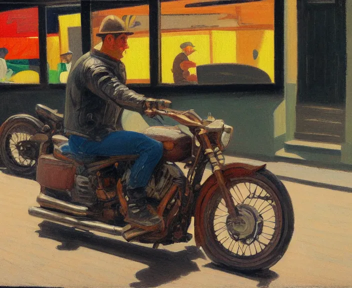 Image similar to a very detailed painting of a man wearing a leather jacket, riding a motorbike, harley davidson motorbike, worm's - eye view, very small brush strokes, in the style of edward hopper and grant wood and syd mead, 4 k,