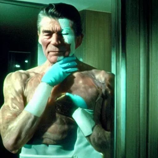 Image similar to Still of Ronald Regan removing his human skin, revealing his lizard body, in the style of Eyes Wide Shut (1999)