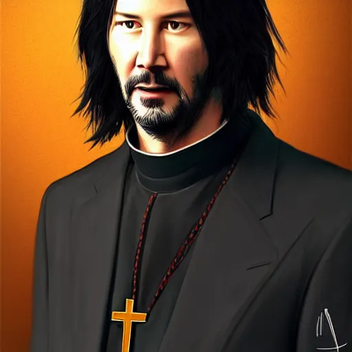 Prompt: Portraift of Keanu Reeves as a priest, digital art, artstation, detailed, high quality