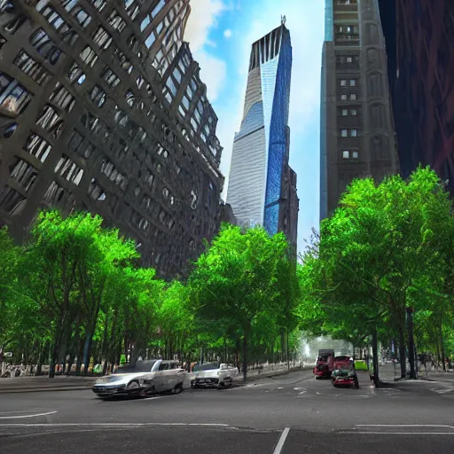 Image similar to Twin towers in New York covered by vegetation, street level, game art matte painting