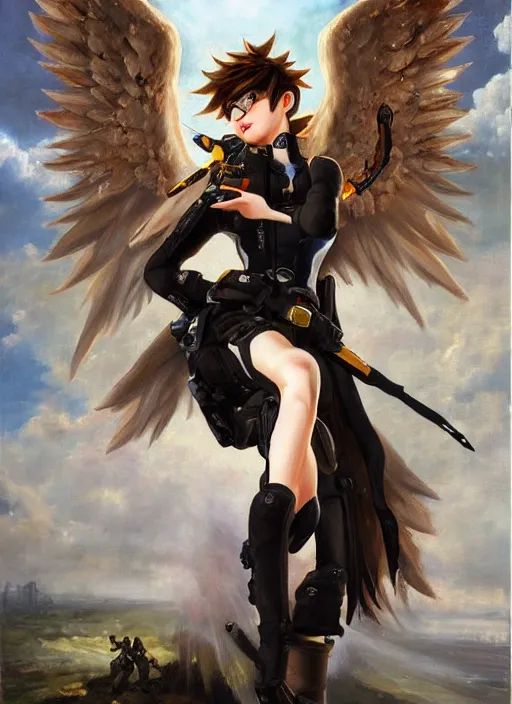 Prompt: oil painting of tracer overwatch in the style of sophie anderson, on knees, angel wings, black outfit, dramatic painting,