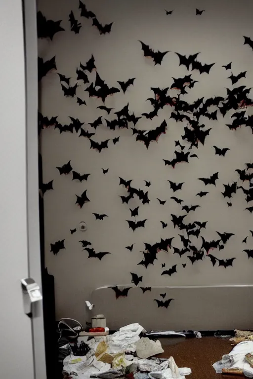 Prompt: A photo of bats flying in a hospital room, some blood on the walls and trash on the floor