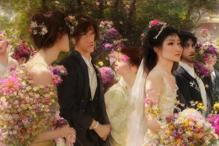 Image similar to the groom look at the bride at a wedding full of flowers, bright and happy, dreamlike art, highly detail, 4 k realistic, wedding photoy krenz cushart, artem demura, yoji shinkawa artgerm, jon lothian, danilo torres. adi meyers. thomas reimann. gaston bussiere.