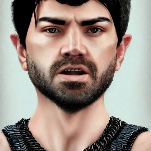 Prompt: realistic portrait, 30 year old man, spanish :: athletic, angered, short black hair :: chain mail, hauberk :: high detail, digital art, RPG, concept art, illustration