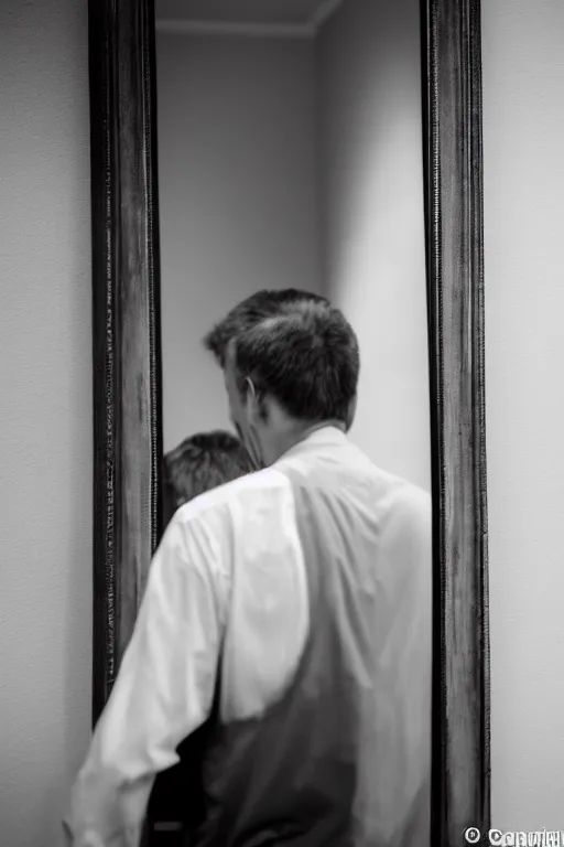 Image similar to man contemplating at his reflection in the mirror, portrait studio, taken with canon eos, f 1. 4, dramatic diffused light, iso 2 0 0,