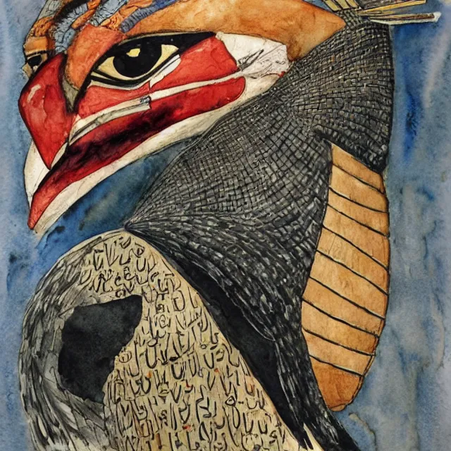 Prompt: expresionistic watercolor of Horus the falcon headed egyptian god, by Enki Bilal, by Dave McKean