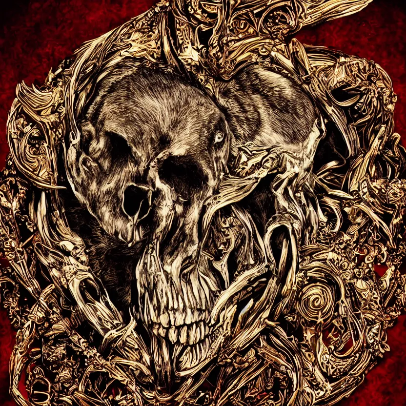 Image similar to photo of skull of wolf, lying on bones, dramatic lighting, circural, golden ornaments, symmetric, intricate skeletal decorations, symmetry, highly detailed, concept art, black, red, white, gold layers, centered, style of nekroxiii, hyperrealistic, dark background, smoke