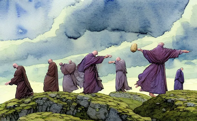 Prompt: a hyperrealist watercolour concept art of a group of medieval monks in grey robes levitating a huge flat rock in the air over their head. a large stonehenge moneument is in the sky. by rebecca guay, michael kaluta, charles vess and jean moebius giraud. high detail, hq, wide shot