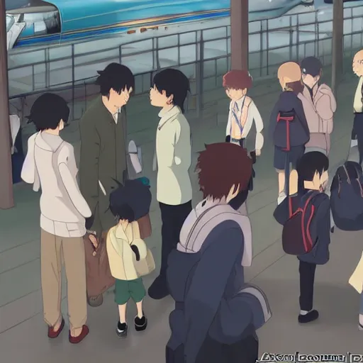 Prompt: A family saying goodbye to their children at a busy plane train station, by Dice Tsutsumi, Makoto Shinkai,