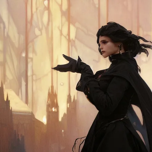 Prompt: oil painting of evil grumpy dark haired women, ice mage by travis charest, alphonse mucha, and greg rutkowski, black coat, black makeup,, shooting ice, fantasy artwork, fantastic artwork, 4 k, trending on artstation