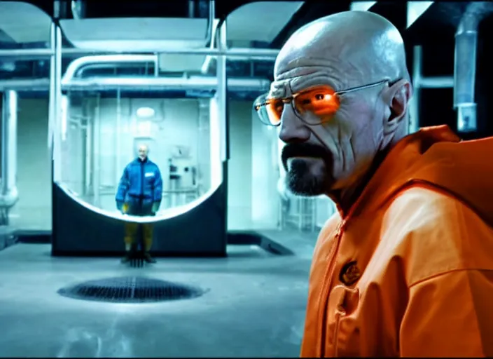 Image similar to film still of Walter White as Gordan Freeman in an underground lab facility wearing a black HEV suit with an orange lambda logo in front with a glowing blue portal in the background in the Half Life Movie, 4k