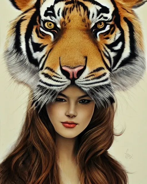 Prompt: a beautiful girl wearing a hat that looks like a tiger head, hyper realistic, hyper detailed, by eliot kohek