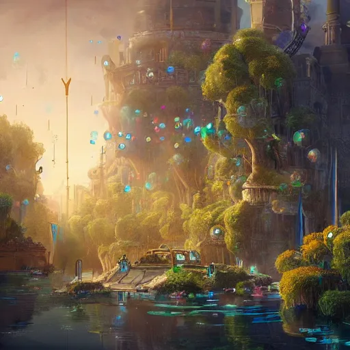 Image similar to a utopian city, filled with fauna, with bubbles floating around everywhere, dynamic lighting, fantasy concept art, trending on art station, stunning visuals, creative, cinematic, ultra detailed