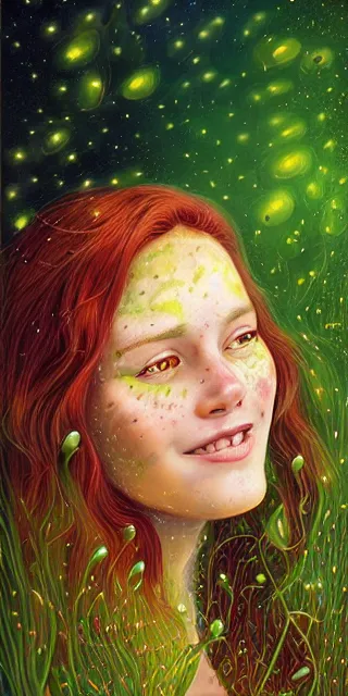 Image similar to infp young woman, smiling amazed, golden fireflies lights, sitting in the midst of nature fully covered, long loose red hair, intricate linework, bright green eyes, small nose with freckles, oval shape face, realistic, expressive emotions, dramatic lights spiritual scene, hyper realistic ultrafine art by michael cheval, jessica rossier, boris vallejo