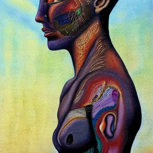 Image similar to by mati klarwein mournful biopunk. a beautiful painting of a person in profile, with their features appearing both in front of & behind their head.