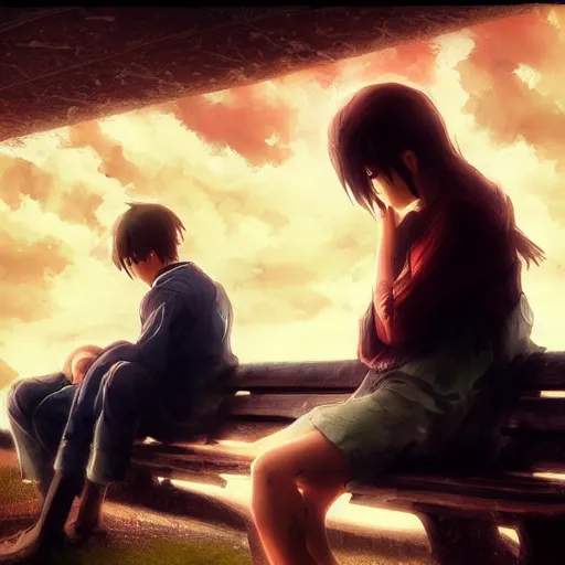 Prompt: a family with sorrow faces sitting on a bench, dramatic sky, close up shot, anime art, Greg Rutkowski, dramatic lighting