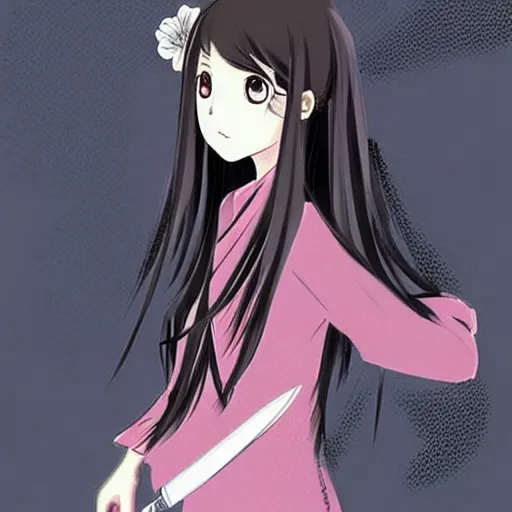 Image similar to “Detailed manga art of a beautiful Japanese girl holding a knife; loving expression; school uniform; high contrast; clean, sharp”