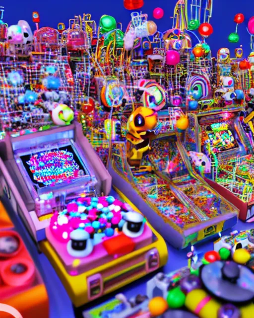 Image similar to crowded city made of arcade machines and buildings made of candy, cute elaborate epic robot, candy colors, pinball machine parts, symmetrical, bubbles everywhere, video game consoles, colored wires, translucent, clear parts, detailed by pokedstudio, rendered in blender, 3 d models