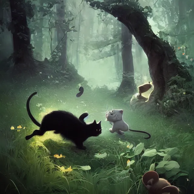 Image similar to a beautiful painting of a cute black cat catching a mouse in a forest. character design by cory loftis, fenghua zhong, ryohei hase, ismail inceoglu and ruan jia. artstation, volumetric light, detailed, photorealistic, rendered in octane