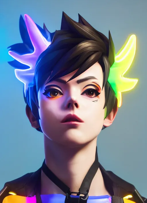 Image similar to full body overwatch style oil painting portrait of tracer overwatch, confident pose, wearing black iridescent rainbow latex, rainbow, neon, 4 k, expressive surprised expression, makeup, wearing black choker, studio lighting, black leather harness, expressive detailed face and eyes,