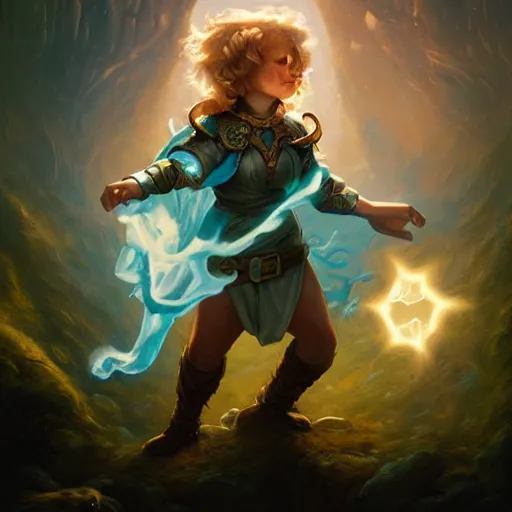 Prompt: full body portrait of a female fantasy halfling hobbit fistfighter, communing with her glowing goddess of mist and light, flowing robes and leather armor, detailed dynamic light painting by peter mohrbacher and albrecht anker