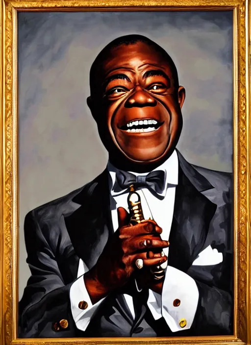 Image similar to a portrait of louis armstrong holding a white handkerchief, by kehinde wiley, dramatic lighting, highly detailed digital painting