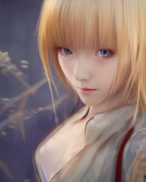 Prompt: Alice by Zeronis and Avetetsuya Studios and Andrew Khok and Yi Qiang Cao and Mitsu Art, Alicization, flowing blonde hair, anime, symmetrical face, blue eyes, elegant, trending on artstation, artstationHD, artstationHQ, patreon, 4k, 8k, unreal engine, exquisite detail, sharp focus, beautiful