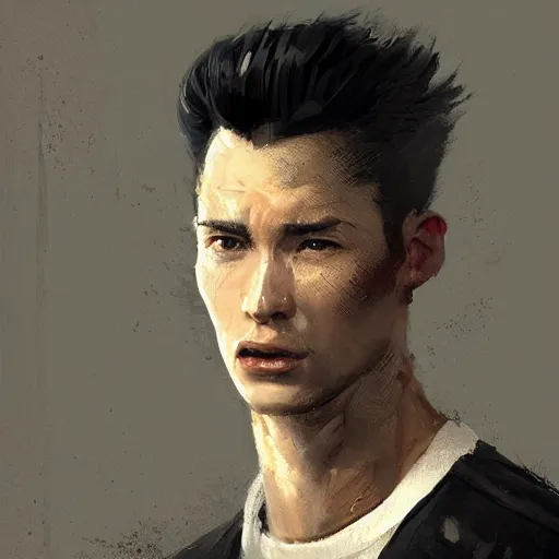 Image similar to Portrait of a man by Greg Rutkowski, he is about 30 years old, mixture between russian and japanese, short quiff black hair, attractive, strong, mangly, he is wearing a black flying jacket, highly detailed portrait, scifi, digital painting, artstation, concept art, smooth, sharp foccus ilustration, Artstation HQ