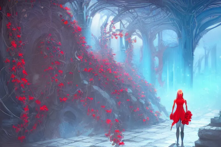 Prompt: broken arches leading to the pillars of eternity draped with red flowers and vines, blue sky, lens flare, a sense of mystery, cinematic, ultra detailed, intricate, trending on artstation, 8K, comic book illustration by Cyril Rolando, David Wiesner