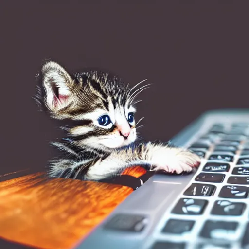 Prompt: photorealistic image of a single kitten playing on a laptop keyboard writing a letter to his friend