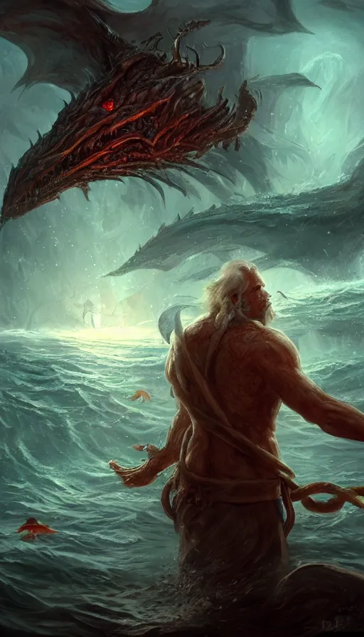 Prompt: man on boat crossing a body of water in hell with creatures in the water, sea of souls, by blizzard concept artists