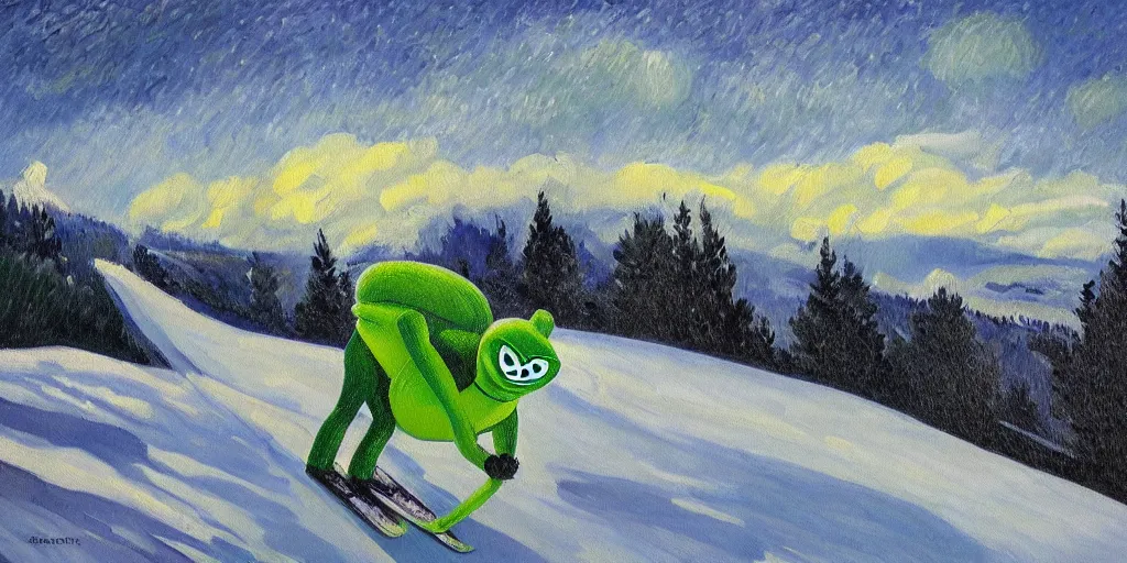 Image similar to pepe the frog snowboarding, gloomy landscape, expressive oil painting by christopher radlund and camille pissaro