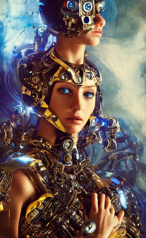 Image similar to the stunning young cyborg muse, piercing glowing eyes, fashion ornate royal armor, striking composition, highly detailed ornate sci fi background, vogue poses, striking composition, vivid details, wires, glowing tubes, beautiful composition, mural in the style of sandro botticelli, caravaggio, albrecth durer, 8k