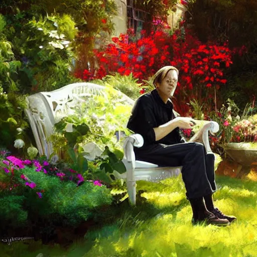 Prompt: steve buscemi sitting in a lovely garden. beautiful painting by raymond swanland, beautiful detailed face.