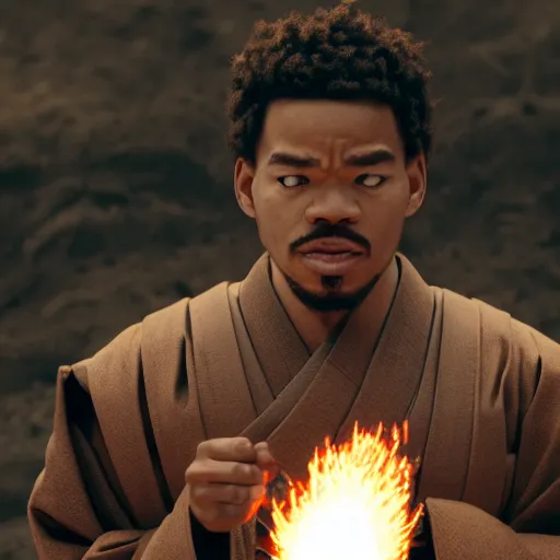 Image similar to cinematic film still of Chance The Rapper starring as a Samurai holding fire, Japanese CGI, VFX, 2022, 40mm lens, shallow depth of field, film photography