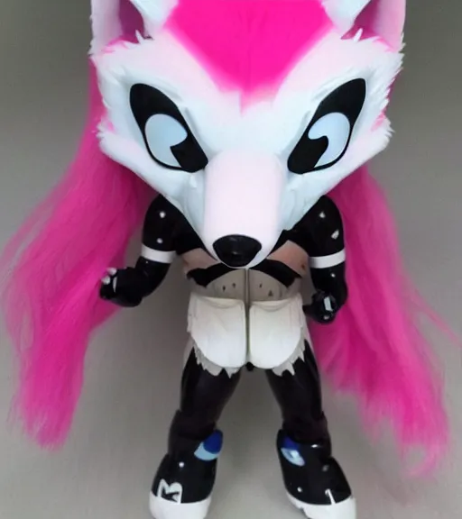 Prompt: pink wolf fursuit funko pop still sealed in box, ebay listing