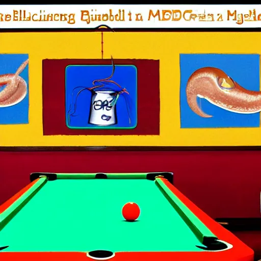 Image similar to a giant squid playing billiards and winning in a mcdonalds's, detailed scientific diagram