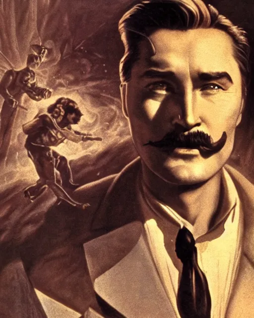 Image similar to Errol Flynn as a scientist. 1980s dystopian Soviet Russia, propaganda screens. Unreal engine, fantasy art by Jean-François Millet. Faithfully depicted facial expression, perfect anatomy global illumination, radiant light, detailed and intricate environment