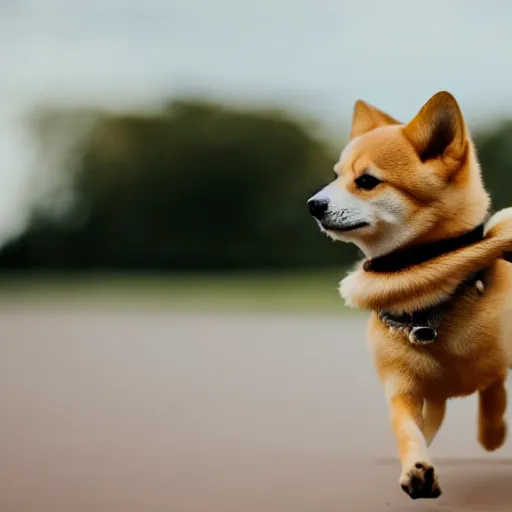 Image similar to close up photo of a tiny emma watson walking her shiba inu, cinematic, shallow dof, 3 5 mm, 4 k, macro