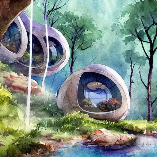 Image similar to beautiful happy picturesque charming sci - fi organic pod - like homes of the future in a beautiful natural scene. water, trees and rocks. beautiful light. soft colour scheme. beautiful artistic detailed watercolor by lurid. ( 2 0 2 2 )