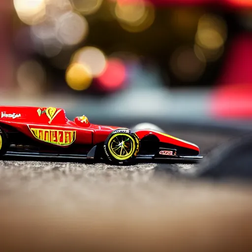 Image similar to photograph, hot wheels, formula 1, ferrari, monza, macro, bokeh