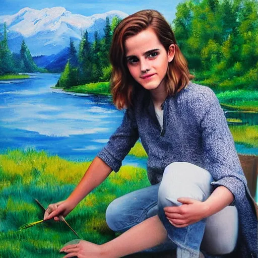 Image similar to emma watson painting bob ross