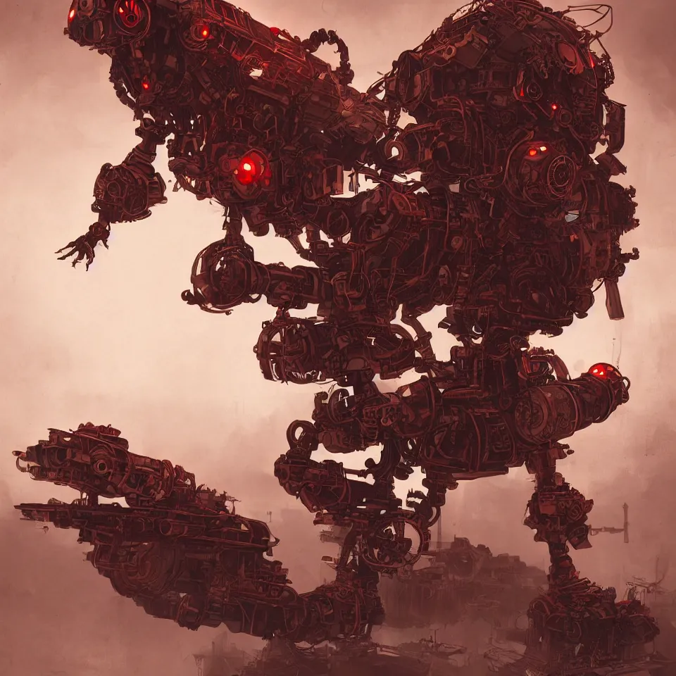 Image similar to a detailed concept art of steampunk robot bird, gradient dark red, cream and white color scheme, dynamic lighting, cinematic, epic composition, masterpiece