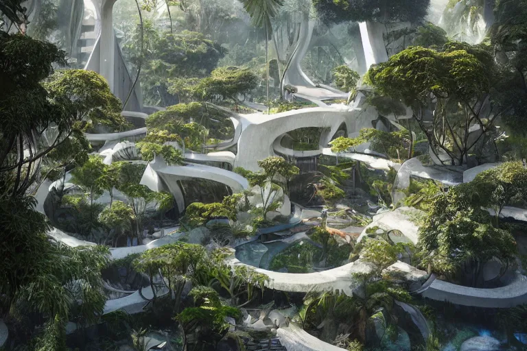 Prompt: brutalist futuristic white Aztec structures, manicured garden of eden, pools and streams, tropical foliage, birds, sculpture gardens by Jessica Rossier and Brian Froud