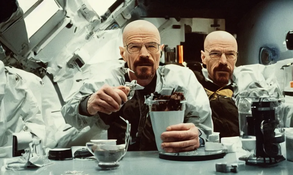 Image similar to 3 5 mm film still, walter white having a coffee break in space