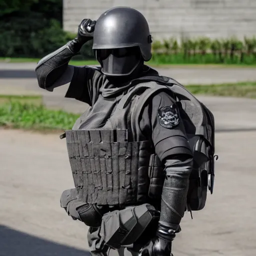 Prompt: A PMC in dark grey uniform with black body armor