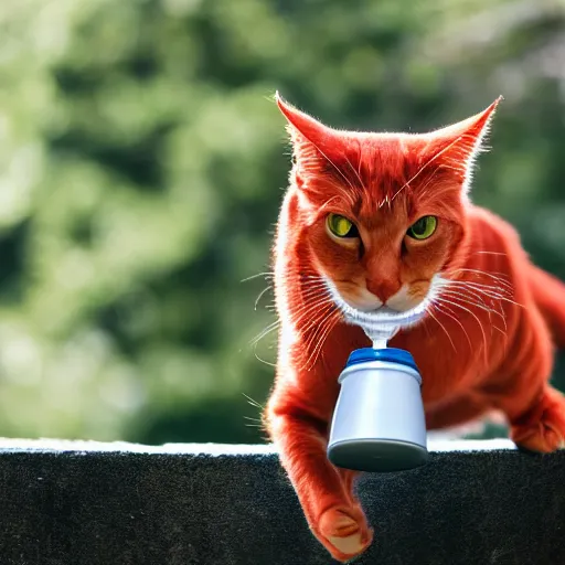 Image similar to professional photograph of a red cat who is angry drinking water